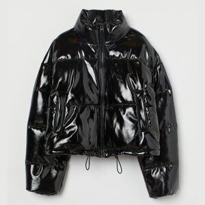 H&M DIVIDED (Size XS) Vegan (Pleather) Black Vinyl Cropped Puffer Coat